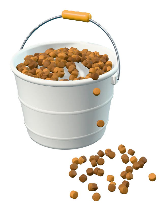 A bait bucket spilling feed pellets